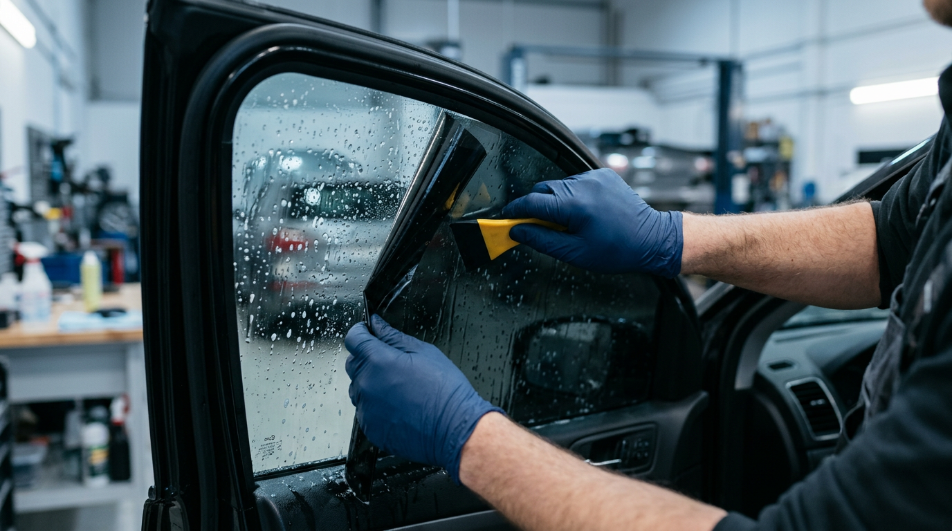 Técnico con guantes azules colocando película de polarizado en el vidrio de una puerta con una espátula